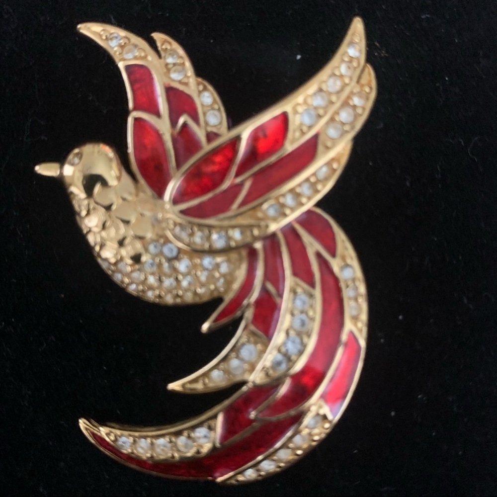 Signed Giorgio Red Bird Rhinestone Enamel Gold Tone Brooch Pin New